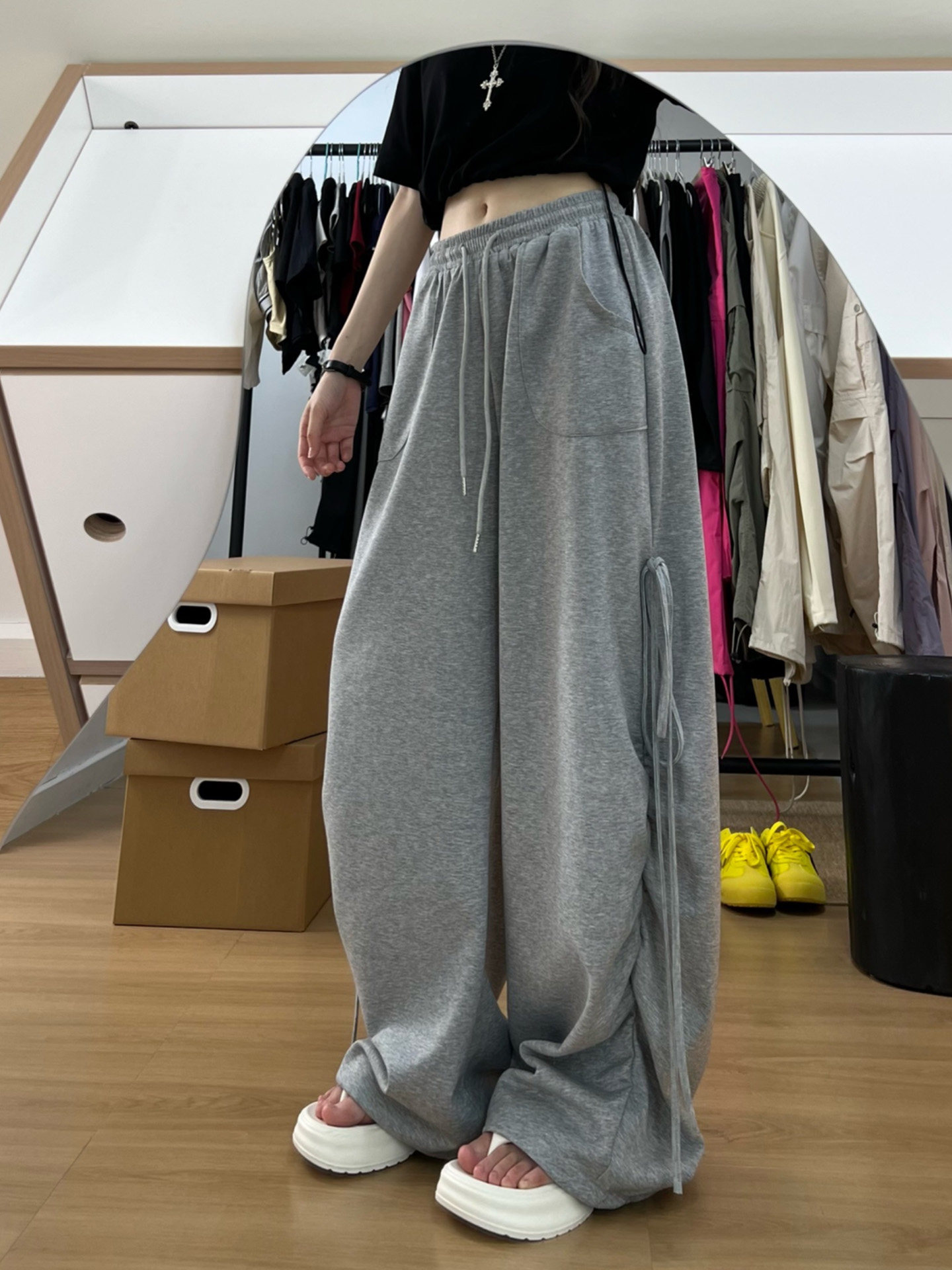 Gray American-Style Workwear Wide-Leg Casual Pants for Women, New Autumn Plus-Size High-Waisted Slimming Loose Sports Sweatpants