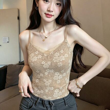法式网纱V领蕾丝吊带背心固定一体杯无痕显瘦内搭外穿美背内衣女