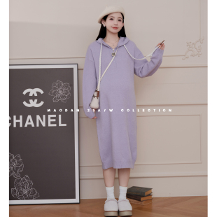 孕期穿搭孕妇装 娜娜 秋冬新宽松连帽百搭毛衣裙 月牙信件 猫单