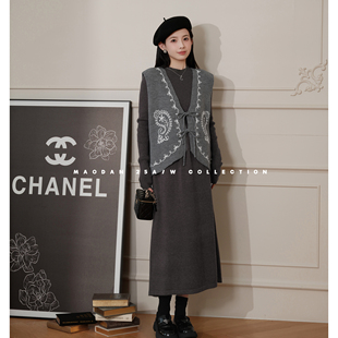 孕期穿搭孕妇装 娜娜 秋季 新品 猫单 马甲连衣裙套装 灰烬重奏