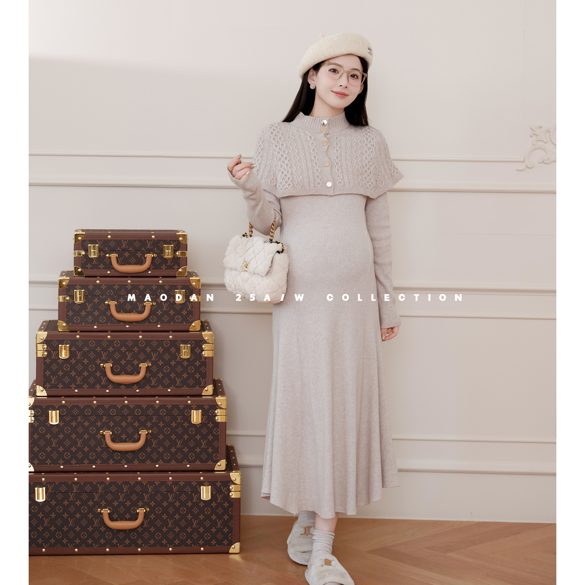 【凯瑟温柔】娜娜的孕期穿搭孕妇套装秋冬新品时尚洋气斗篷连衣裙