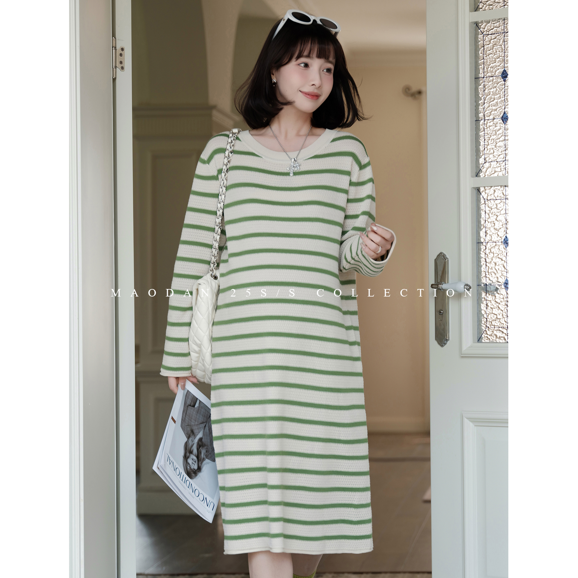 娜娜的孕期穿搭显瘦条纹连衣裙