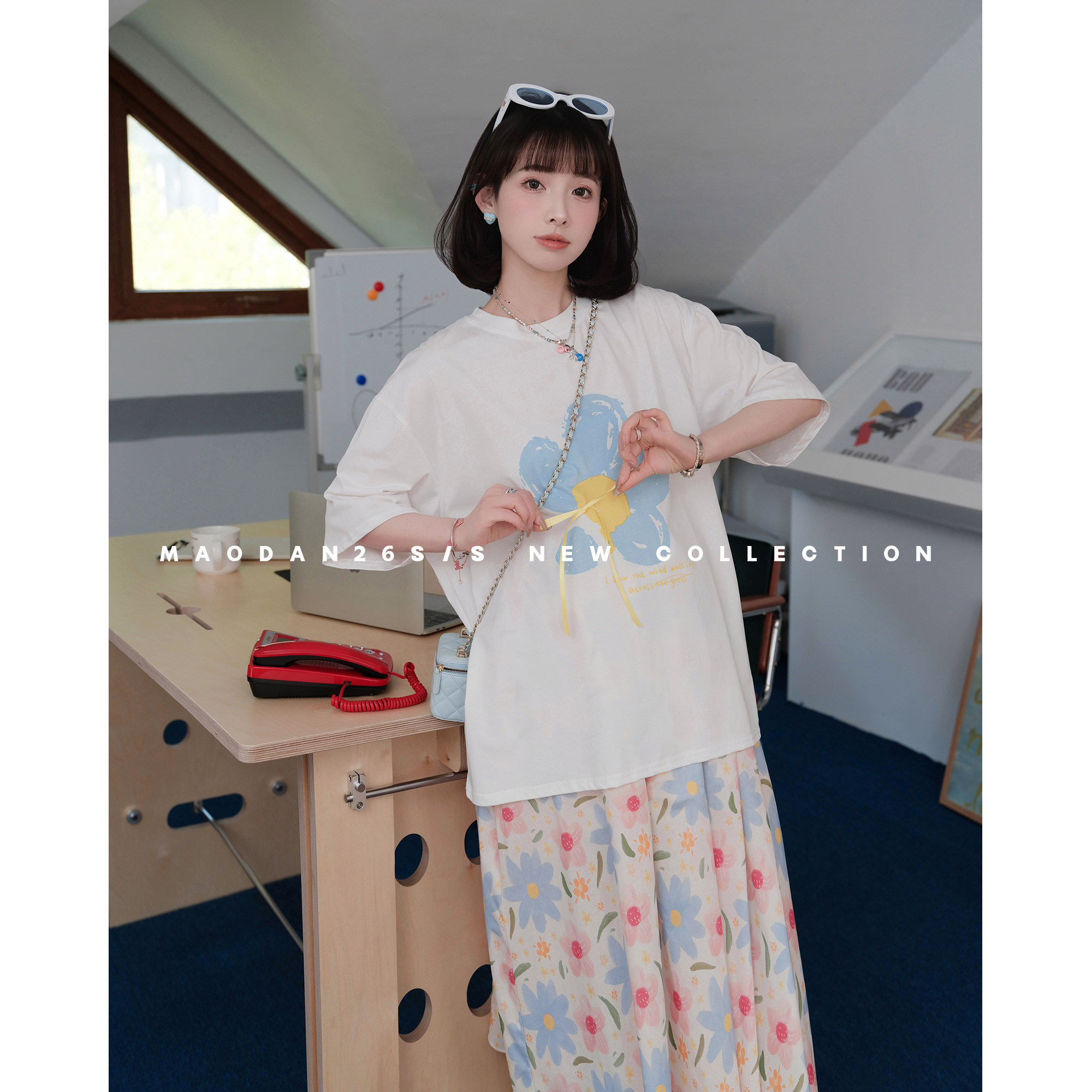 猫单【蓝海花朵】【棉】孕妇装夏季新品少女元气时尚短袖上衣半裙