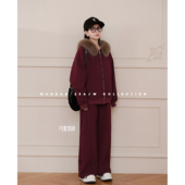 娜娜 假期 孕期穿搭孕妇套装 冬季 猫单 加绒外套直筒阔腿裤 美式