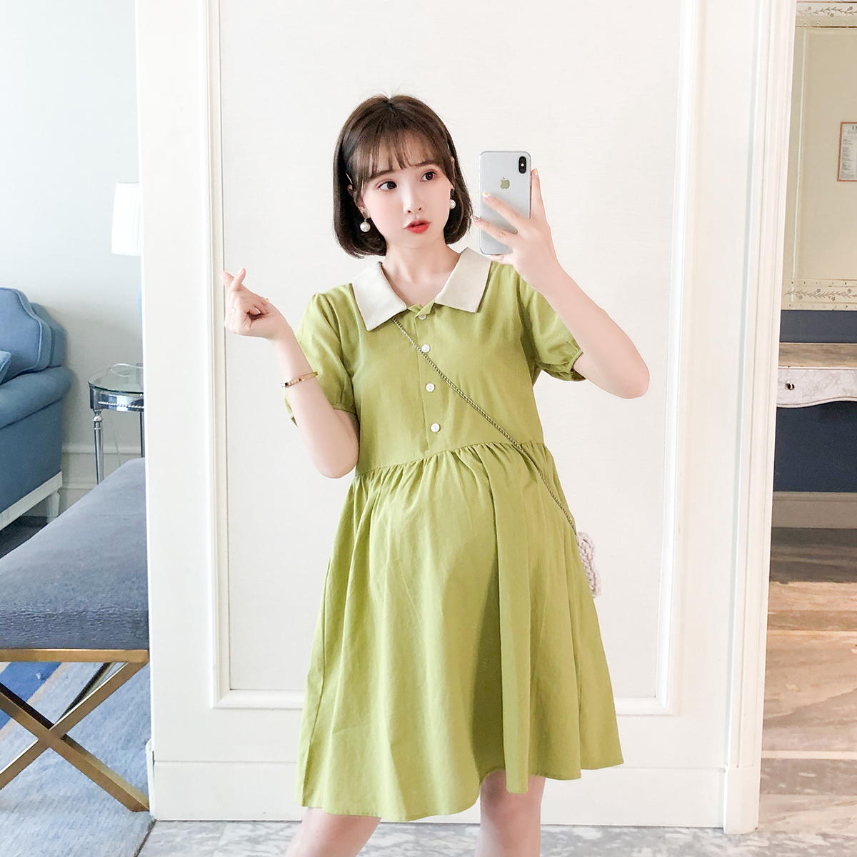 99.00元包邮孕妇装2019夏装新款时尚牛果绿哺乳娃娃裙潮妈连衣裙夏天裙子夏季