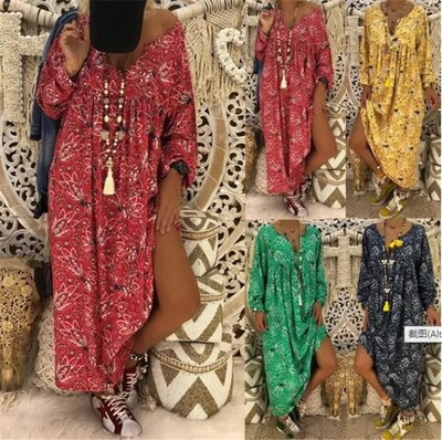 Women Autumn Long Dresses Plus Size Floral Print Boho Dress