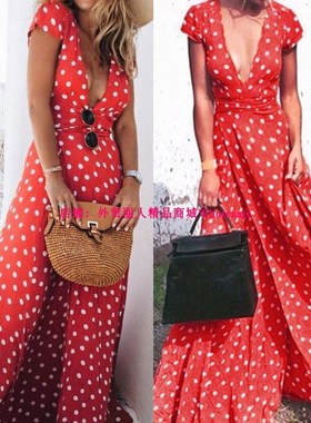 Bohemian v neck women's long summer party dot beach dress