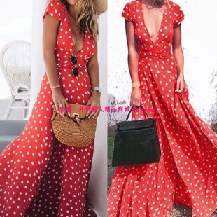 Bohemian v neck women's long summer party dot beach dress