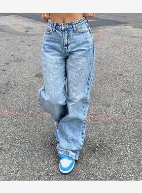 欧美休闲宽松阔腿直筒牛仔裤女 Casual Jeans Denim Pants Women