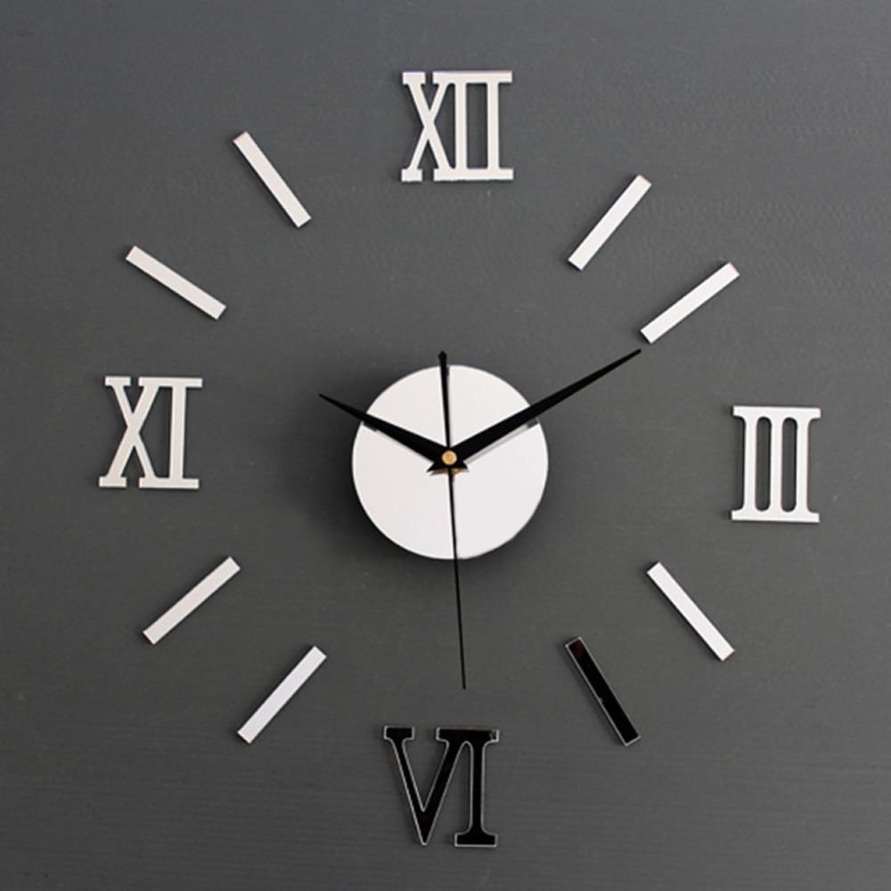 Silver DIY 3D Roman Numbers Watch Wall Clock Home Decor Mirr