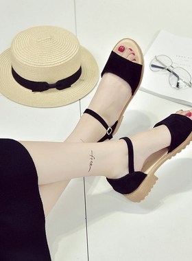 2018夏季新款女式凉鞋韩版平底厚底防滑大学生粗跟百搭罗马鞋