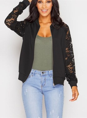 2018Autumn pure color lace long-sleeve zipper jacket拉链夹克