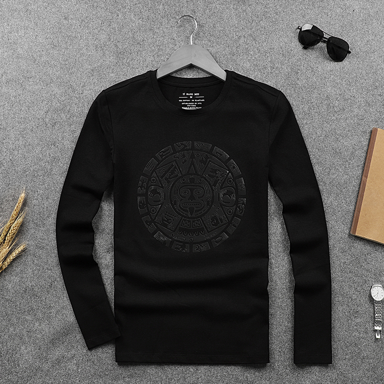 欧洲站图腾印花潮男修身长袖T恤