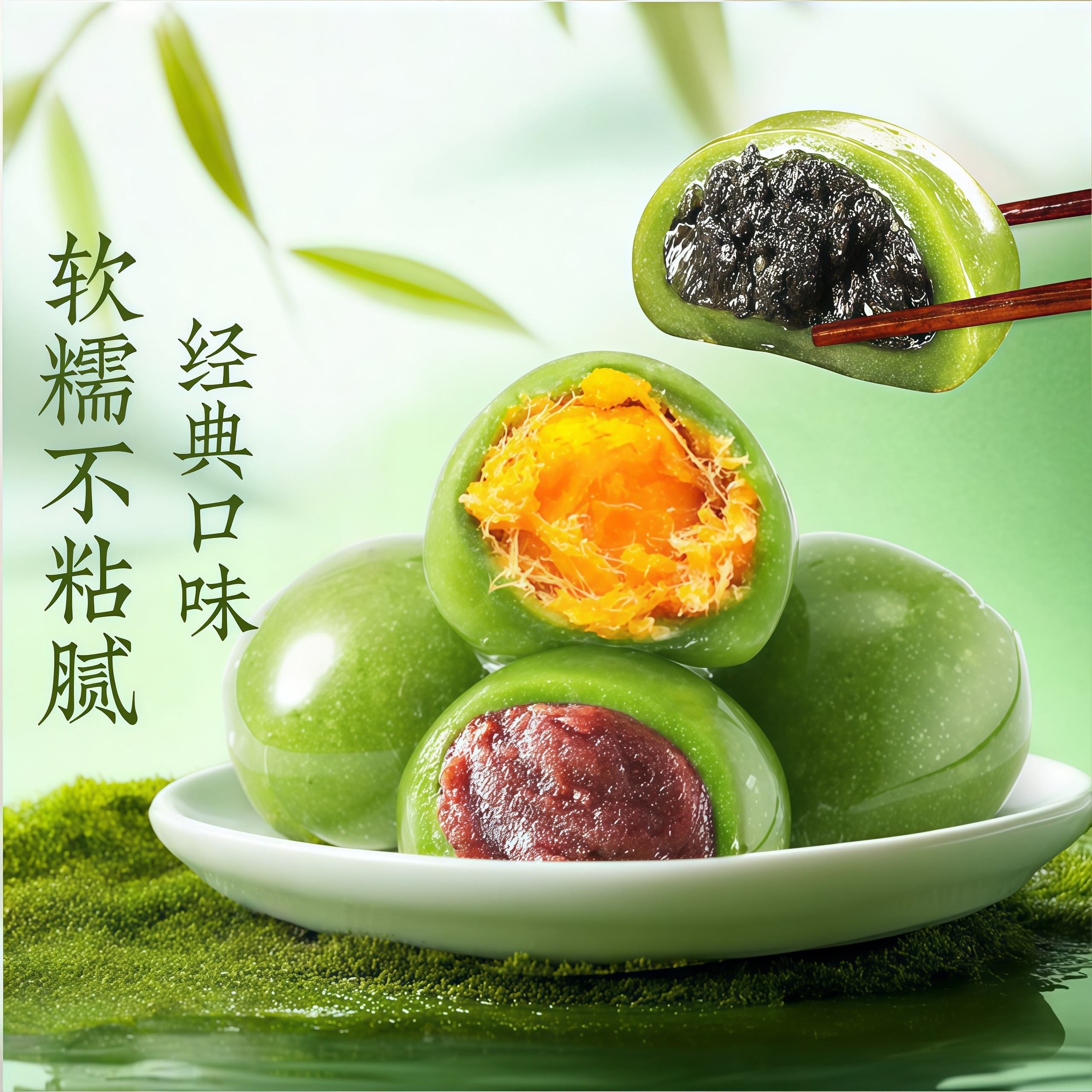 艾草青汁青糯团豆沙蛋黄肉松清明青团子即食网红零食糯米糍团子