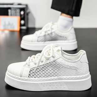 白色板鞋 潮鞋 透气薄款 男款 网眼镂空网面运动跑步休闲防臭网鞋 夏季