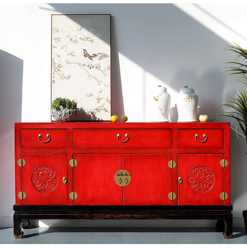 实木餐边柜中式做旧松木收纳柜