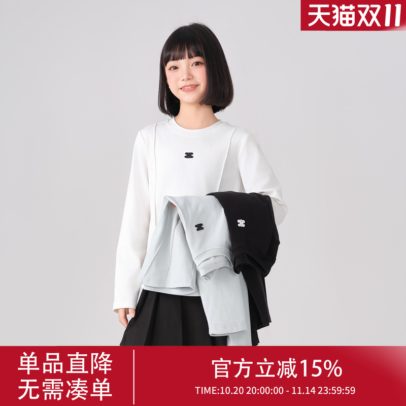 女童长袖T恤纯色上衣蓝色