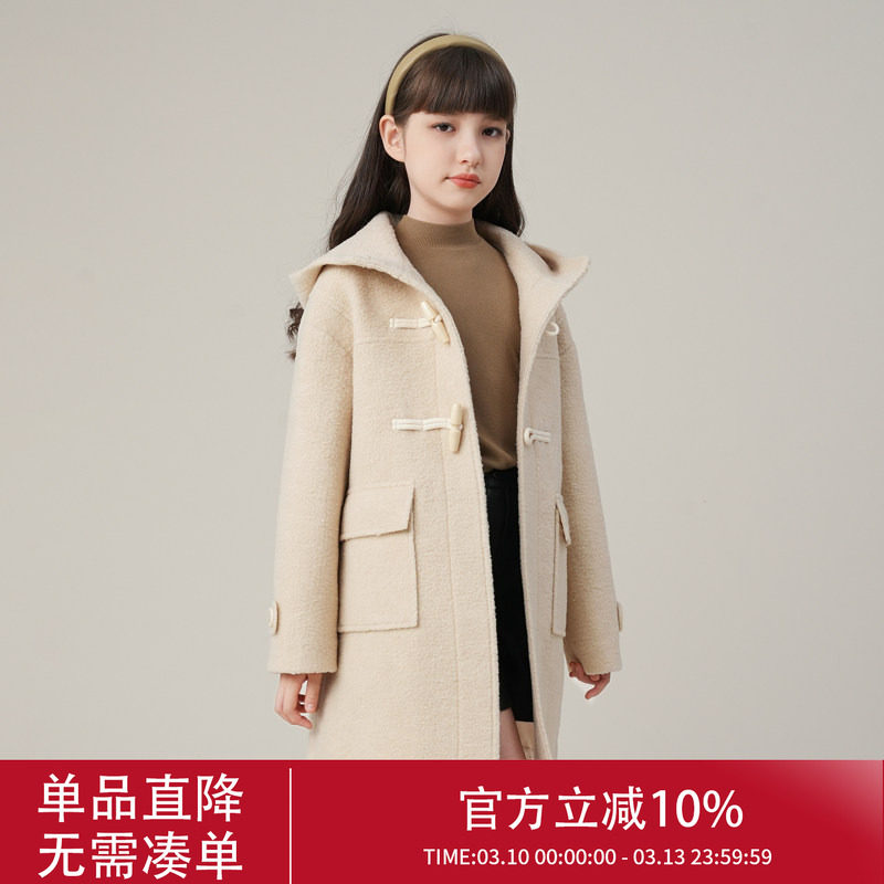 女童毛呢大衣2026新款冬季大童加厚洋气呢子儿童牛角扣外套中长款