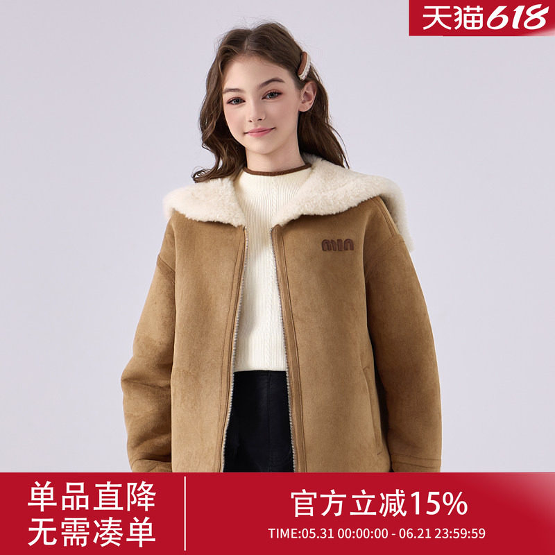 女童初中生女纤维呢料绒短款外套新款海军领洋气女孩加厚大童童装