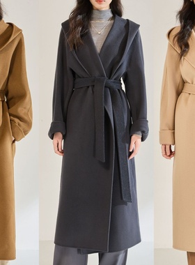 25秋冬新款休闲时尚宽松翻领浴袍长款连帽双面呢大衣外套女22672
