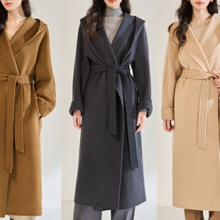 25秋冬新款休闲时尚宽松翻领浴袍长款连帽双面呢大衣外套女22672