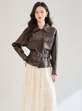 25秋季新款气质翻领蛋白皮收腰显瘦百搭短款皮衣外套女18978