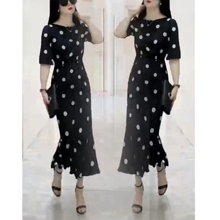 优质~拍照巨美~2025夏季新款韩版波点长款连衣裙修身鱼尾