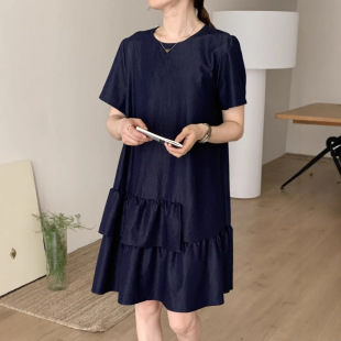 港风小个子宽松 新品 深蓝色复古荷叶边牛仔连衣裙女2025夏季