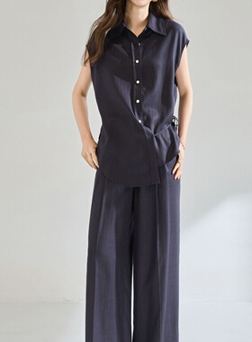 新款#26夏新【天丝+亚麻】暗条简约宽松套装无袖上衣22867阔腿款