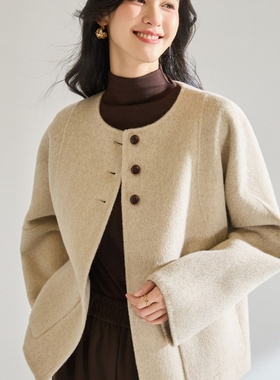 25秋冬圆领单排扣羊毛双面呢大衣弯刀袖百搭减龄气质短外套25642