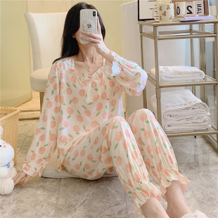 新品 薄款 春秋天绵绸睡衣女士长袖 人造棉宽松 棉绸套装 韩版