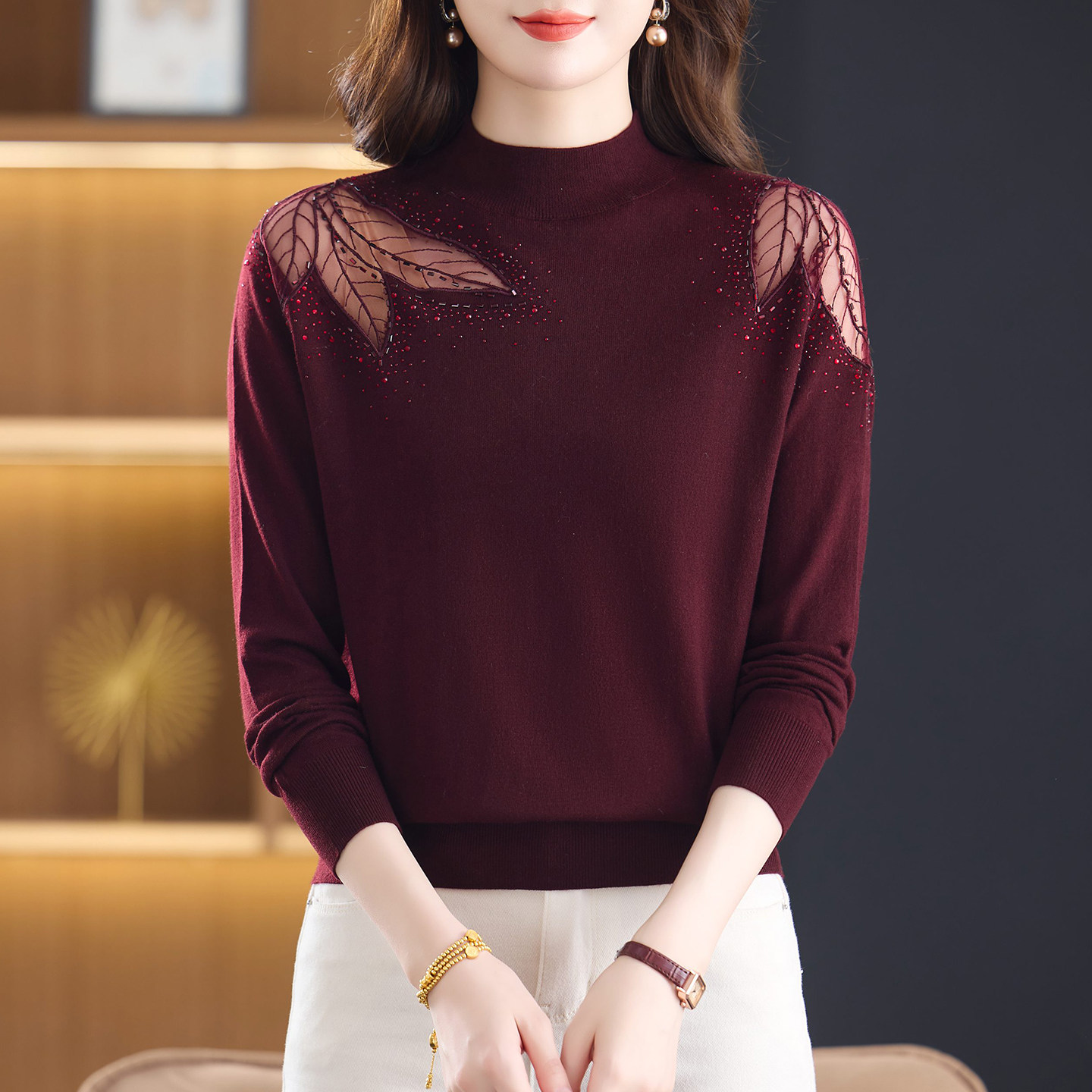 恒源祥彩羊针织打底衫女装春秋新款时尚洋气圆领薄款拼接羊毛上衣