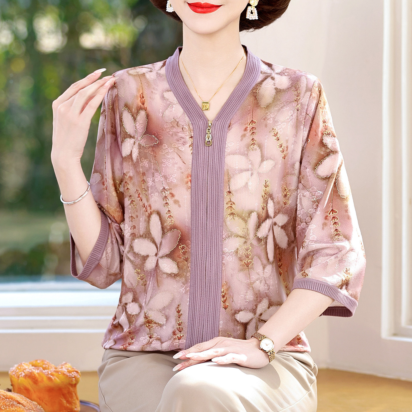 桑蚕丝T恤开衫女春秋新款时尚大码印花中袖拉链上衣妈妈天丝外套