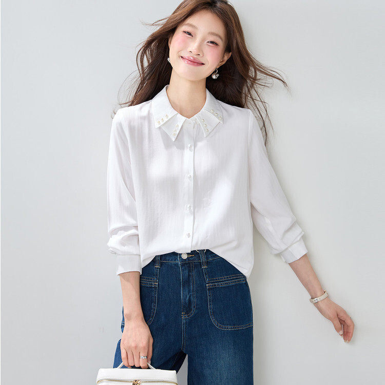 小个子通勤风白色翻领衬衫女长袖2026春季新款钉珠设计感气质上衣