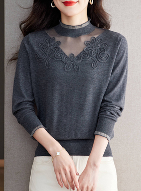 羊毛针织打底衫女春秋新款时尚洋气显瘦薄款蕾丝网纱拼接T恤上衣