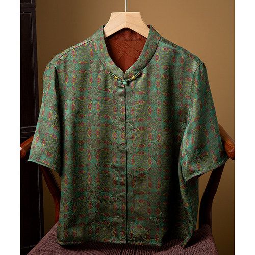 丝艺 双面穿花萝提花真丝短袖T恤女100%桑蚕丝国风立领上衣新中式