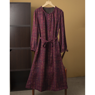 丝艺 a字裙春 双面穿100%桑蚕丝香云纱提花真丝连衣裙圆领收腰长袖