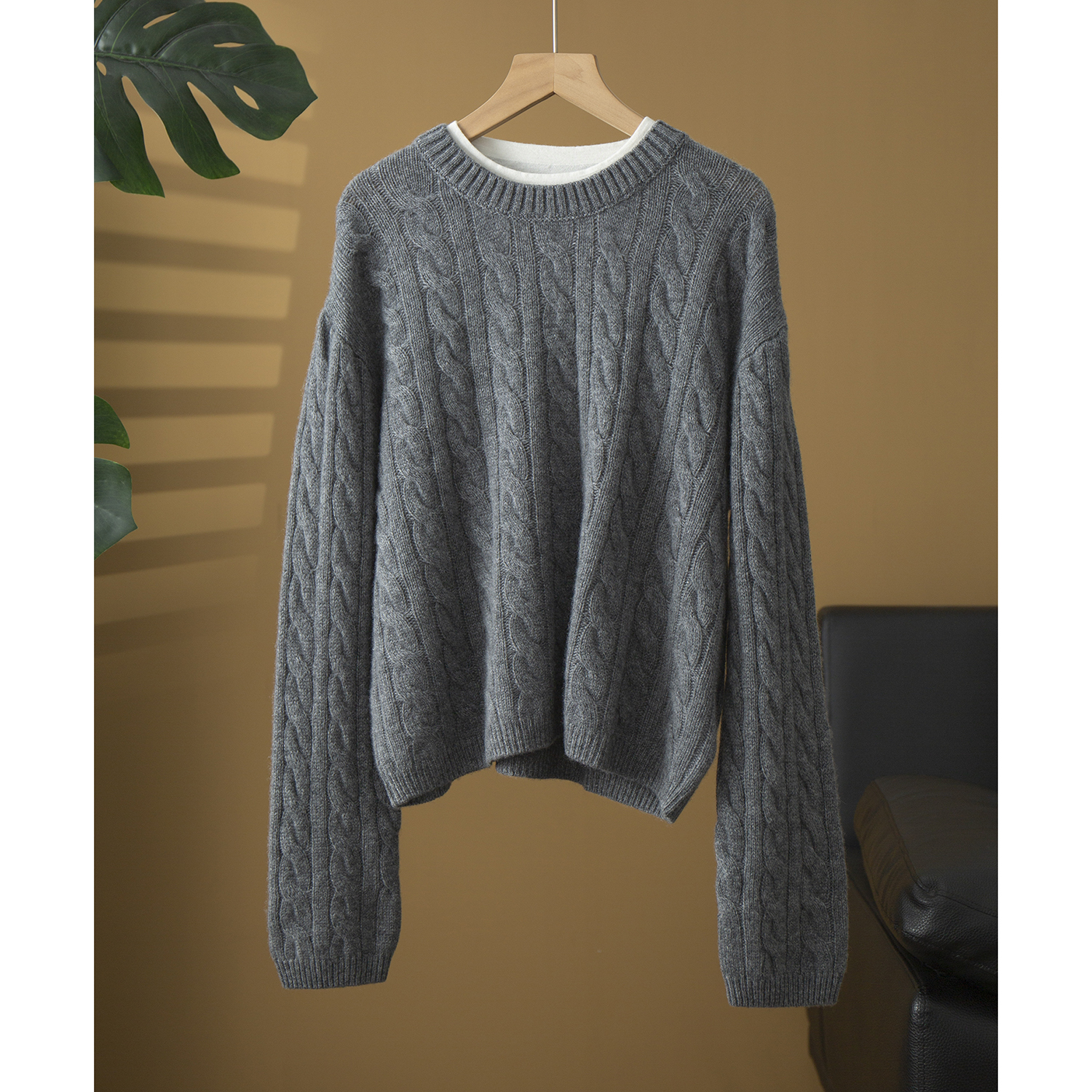 高端时尚假两件近300克100%山羊绒圆领绞花羊绒衫宽松毛衣加厚冬