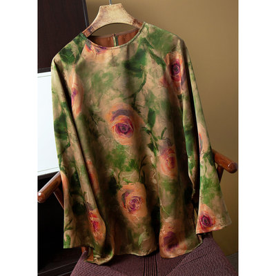 丝艺 绿底玫瑰真丝红云纱花萝上衣100%桑蚕丝国风新中式宽松衬衣