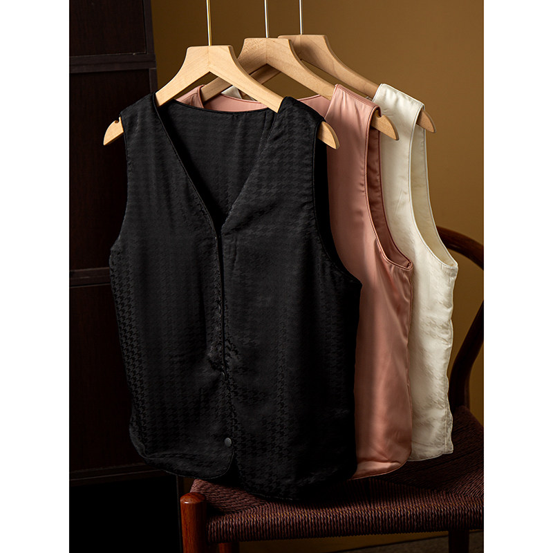 丝艺 100%桑蚕丝填充无袖V领背心马甲坎肩单排扣保暖显瘦马夹秋冬