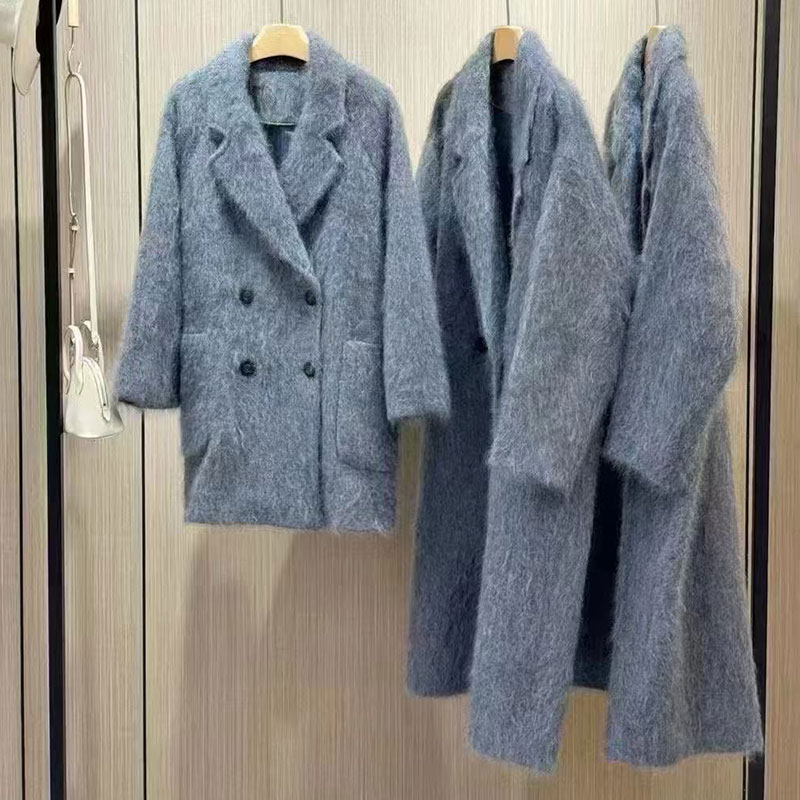 丝艺鼎级“皮草大衣”100%纯山羊绒拉绒大衣中长款廓形外套双排扣