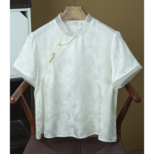 丝艺 欧根纱拼接100%桑蚕丝提花中式上衣真丝立领斜襟国风上衣夏