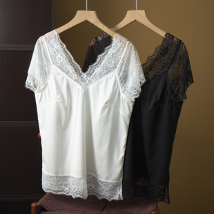 上衣女内搭打底衫 春 假两件蕾丝拼接桑蚕丝真丝提花缎V领短袖 高端