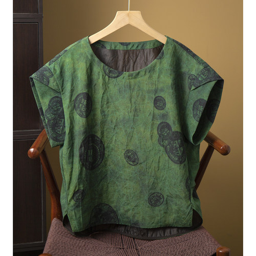 丝艺 龟纹香云纱真丝印花上衣女100%桑蚕丝国风圆领宽松短袖T恤夏