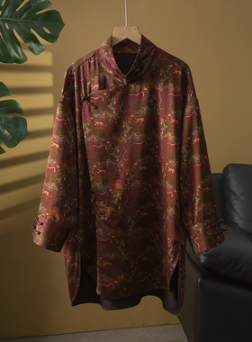 丝艺100%桑蚕丝重缎40姆米虎镇五毒香云纱真丝立领衬衫宽松上衣女