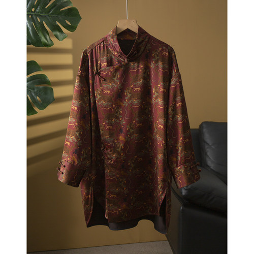 丝艺100%桑蚕丝重缎40姆米虎镇五毒香云纱真丝立领衬衫宽松上衣女