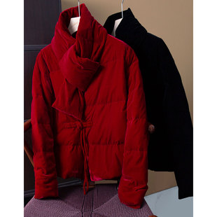 丝艺 国标90白鸭绒带围巾丝绒羽绒服中式保暖短外套V领盘扣国风冬