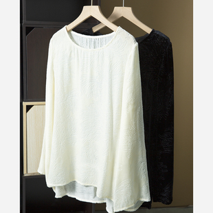 丝艺 真丝丝绒剪花长袖上衣微喇叭宽松圆领桑蚕丝微透性感罩衫春