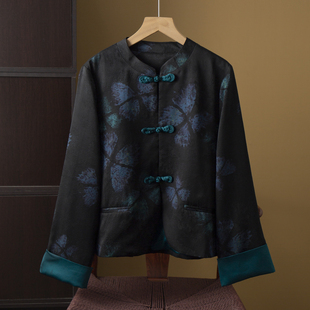 丝艺100%桑蚕丝香云纱花萝新中式 上衣女 蝴蝶图案盘扣真丝外套开衫