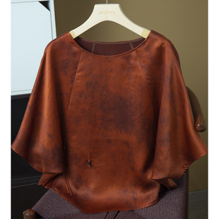 亏清 蝙蝠袖 上衣女100%桑蚕丝宽松小衫 真丝香云纱重缎扎染插肩袖